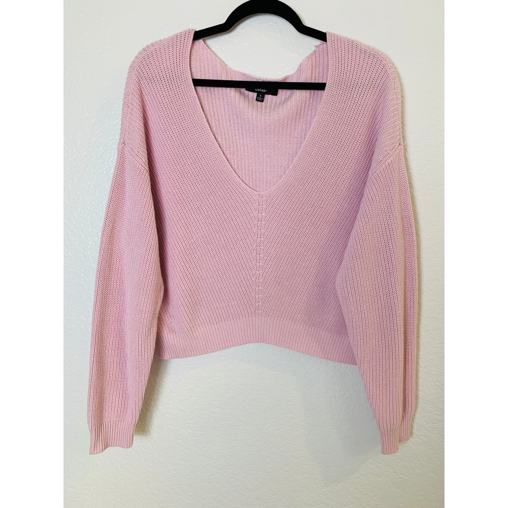 Lulus V-Neck Sweater Women Small Pink Cropped Knit Ribbed Pullover Cozy Casual
